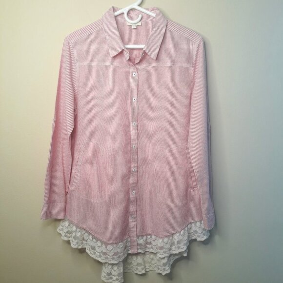 Umgee Tops - Umgee Women's Pink/White Pinstripe Button Down Tunic Top w/Lace Hem Sz M